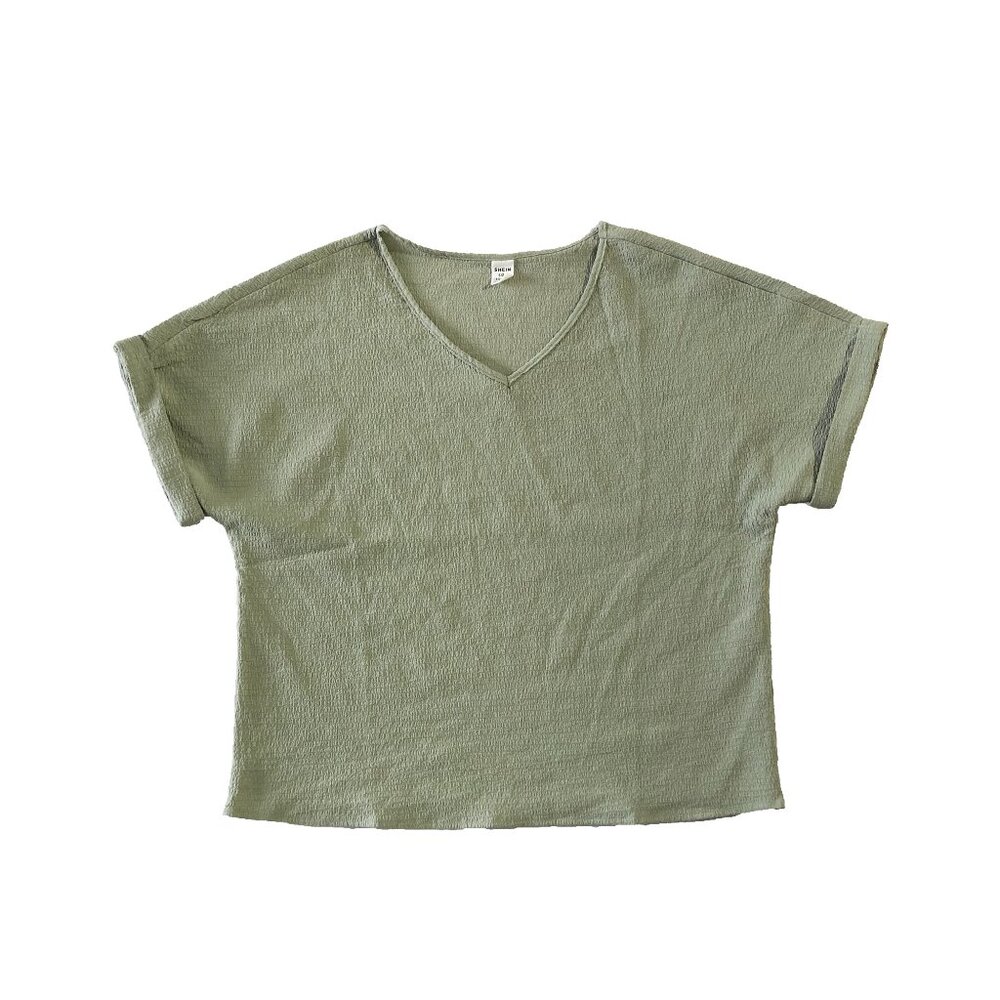 SheIn Womens Sz M/L (11-12Y) Sage Green V-Neck Cuffed Short Sleeve Gauze Blouse